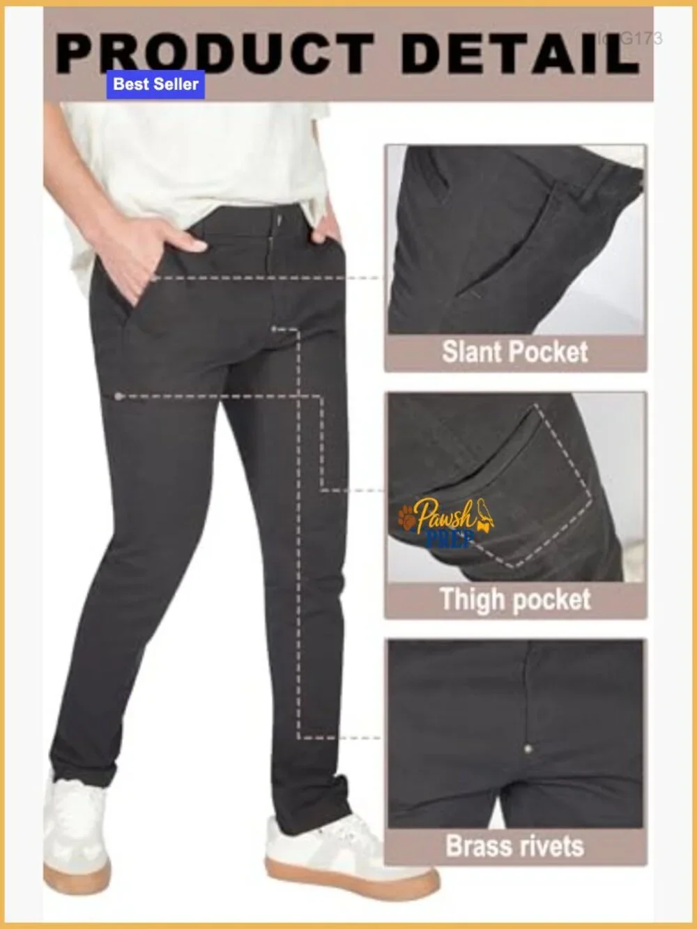 Men's Skinny Fit Chino Pants, Tapered Khaki Pants with Pockets